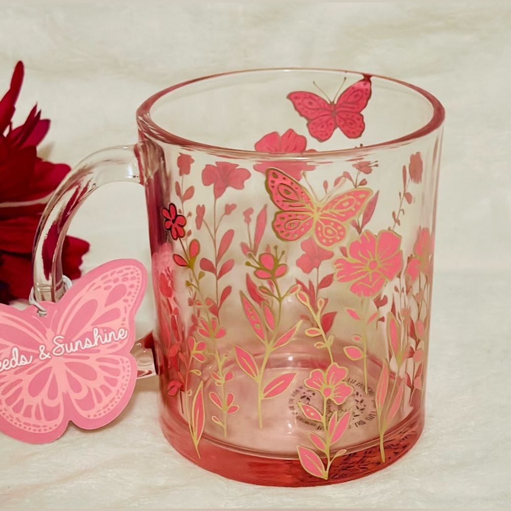 NEW Seeds & Sunshine Pink Translucent Glass Mug w/Pink Butterflies & Flowers 🌺